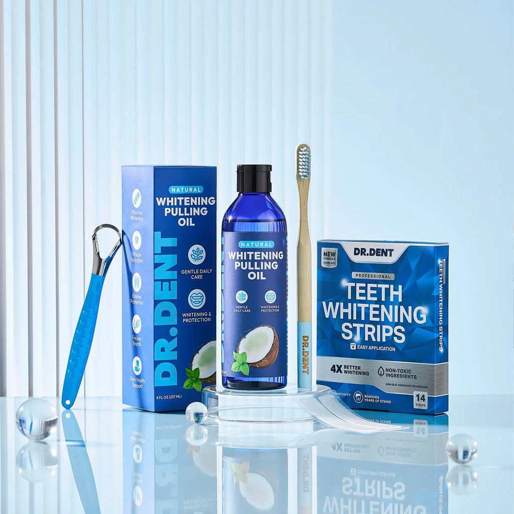 DR.DENT Teeth Whitening Starter Kit | Whitening Strips + Coconut Oil Pulling