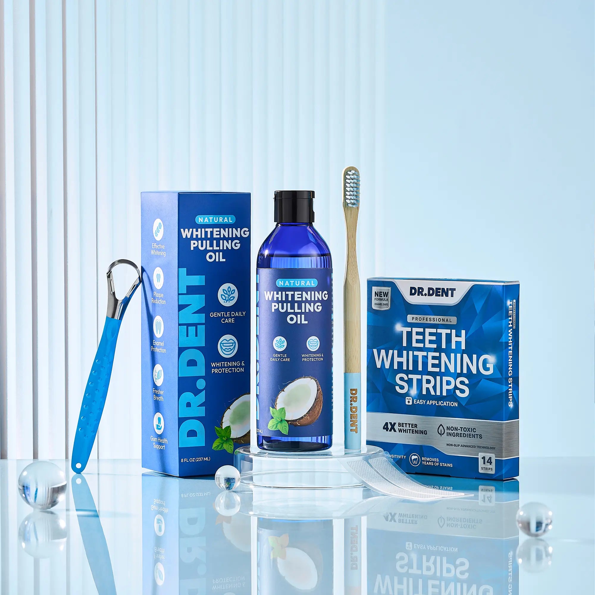 DR.DENT Teeth Whitening Starter Kit | Whitening Strips + Coconut Oil Pulling