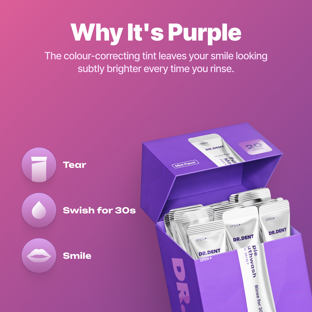 DR.DENT Purple Color-Correcting Mouthwash | 20 Sachets | Whiter Smile in 30 Seconds