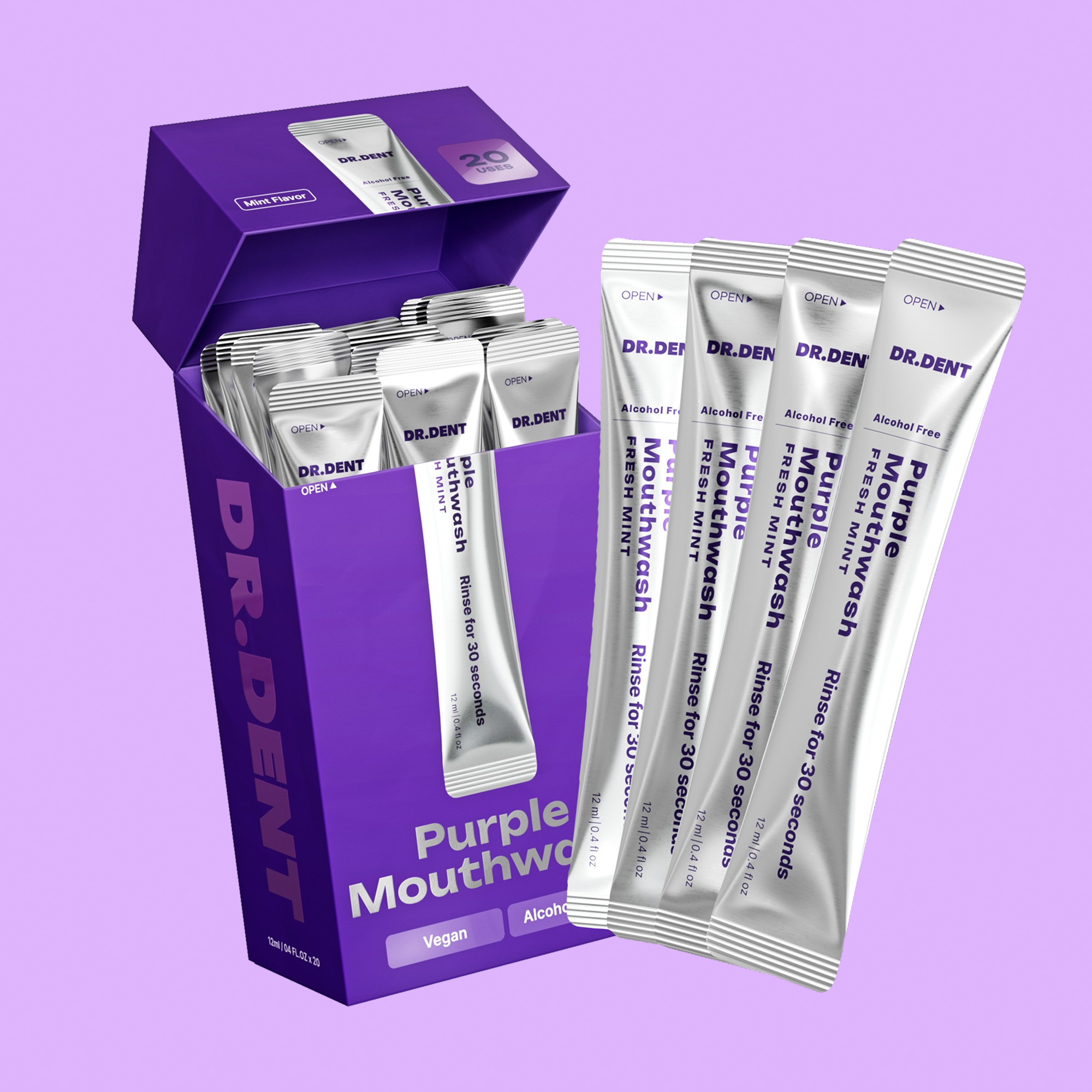 DR.DENT Purple Color-Correcting Mouthwash | 20 Sachets | Whiter Smile in 30 Seconds